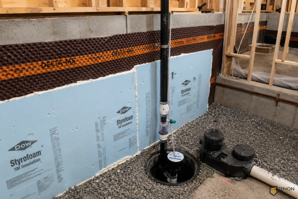 Basement waterproofing and sump pump installation with Delta-MS membrane during a Vancouver basement renovation