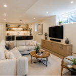 Finished basement renovation in Vancouver BC featuring a modern living room, wet bar, and natural lighting