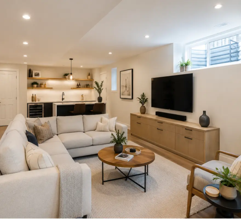 Finished basement renovation in Vancouver BC featuring a modern living room, wet bar, and natural lighting