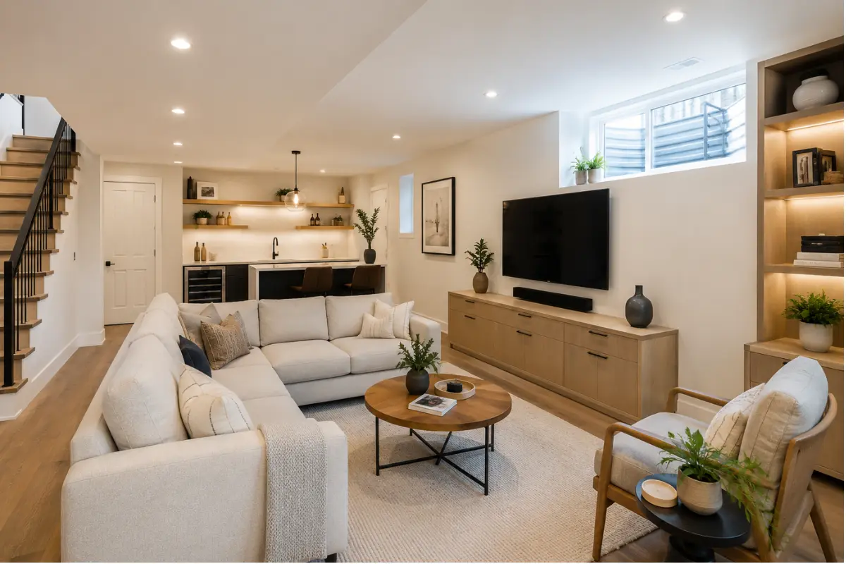 Finished basement renovation in Vancouver BC featuring a modern living room, wet bar, and natural lighting