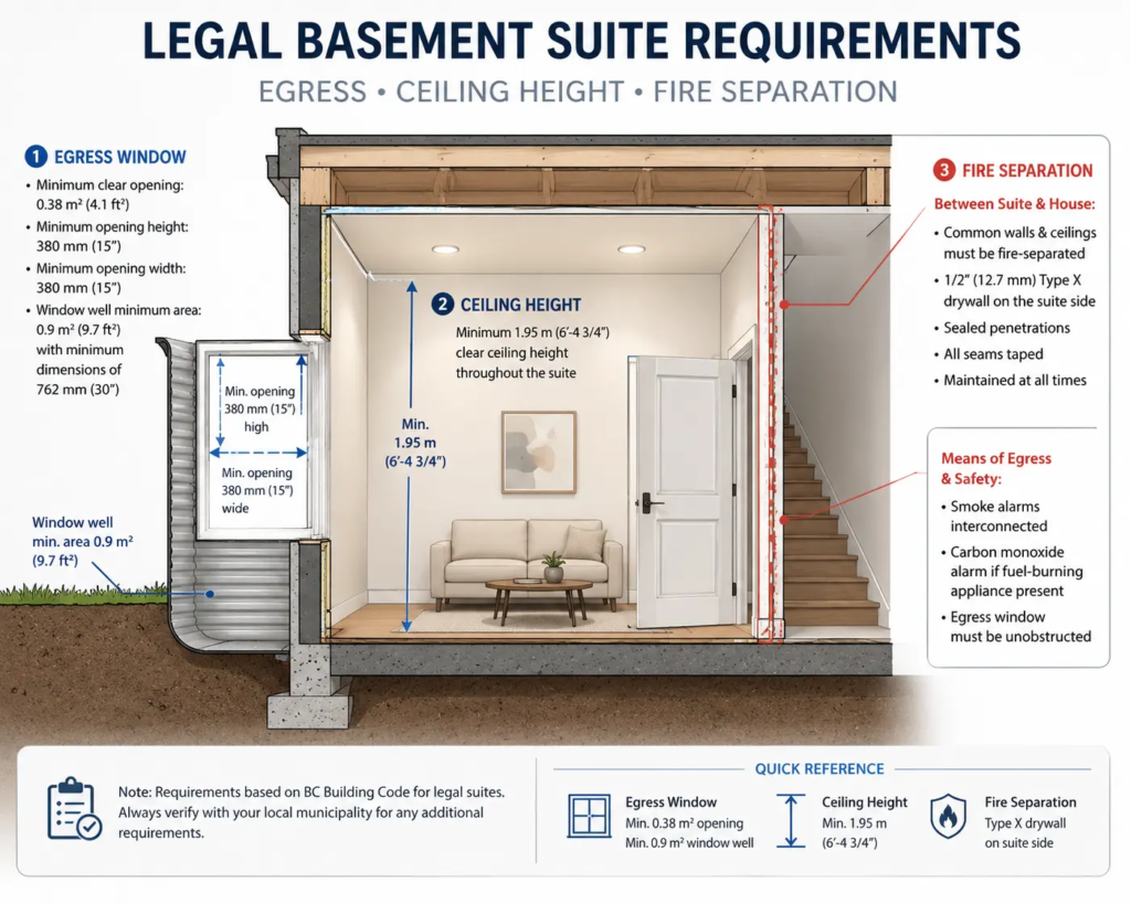 Legal basement suite requirements diagram showing egress window, ceiling height, and fire separation standards for BC building code