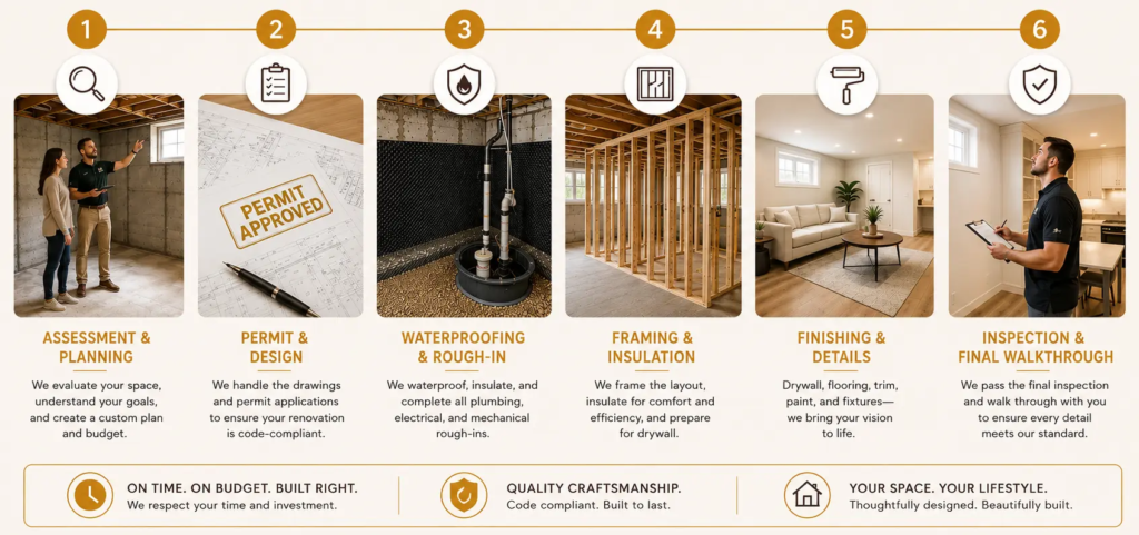 Step-by-step basement renovation process in Vancouver BC, from assessment and permits to waterproofing, framing, and final walkthrough